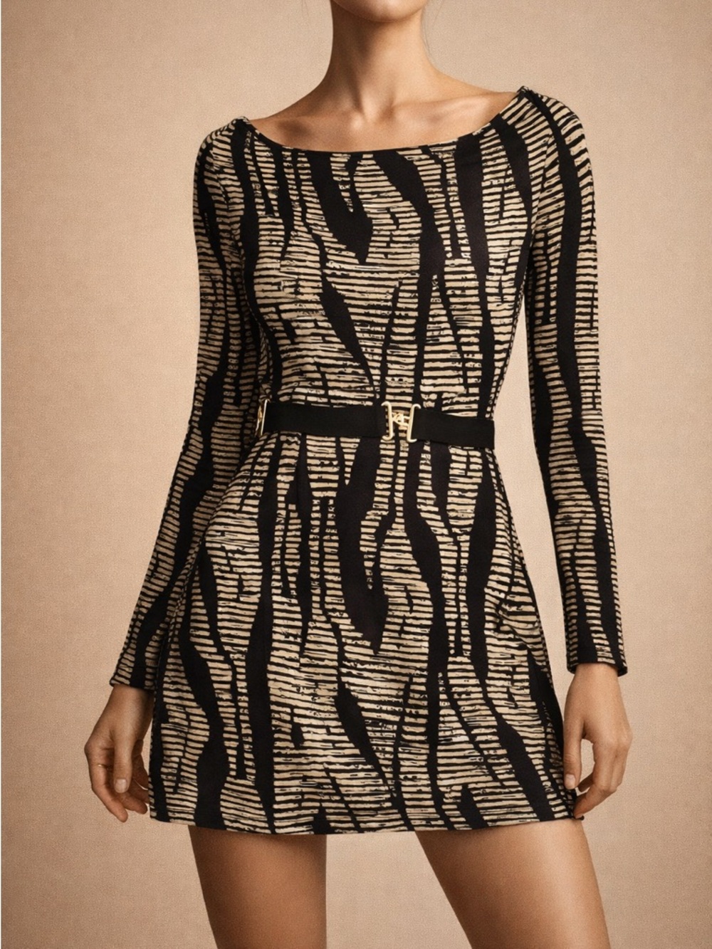 Long-Sleeve Black & Cream Patterned Mini Dress with Belt Accent